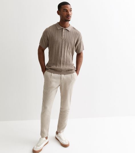 New Look Light Brown Cable Knit Relaxed Fit Short Sleeve Polo Top. Mens. Take your knitwear into the warmer months with this light brown cable top, featuring a classic polo collar and triple button fastening. Light brown. Relaxed fit. Cable knit fabric. Polo collar. Short sleeves. Dropped shoulders. Ribbed trims. Button-up fastening. Model is 6'4"/193cm and wears size Medium/Chest 96-102cm By choosing our cotton products, you're supporting our investment in Better Cotton's mission. This product Knit Polo Outfit, Light Brown Outfit, Knit Shirt Outfit, Knitted Polo Shirt Men, Polo Shirt Outfit Men, Mens Military Jacket, Polo Shirt Outfits, Couple Matching Outfits, Mens Puffer Jacket