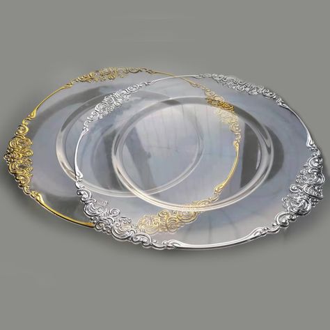 Wholesale plastic 13 inch Clear charger plates with luxury Patterned trim Charger plates for wedding https://m.alibaba.com/product/1600432230526/Wholesale-plastic-13-inch-Clear-charger.html?__sceneInfo={"cacheTime":"1800000","type":"appDetailShare"} Clear Charger Plates Wedding, Clear Charger Plates, Charger Plates Decor, Plates For Wedding, Charger Plates Wedding, Plates Wedding, Clear Plates, Plate Decor, Charger Plates