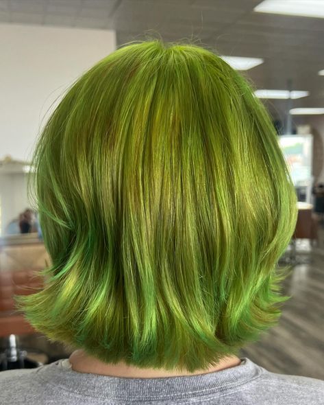 Sometimes we just need a little green bob in our lives #vivids #greenhair #green #vividhaircolor #hairgoals #hairstylist #hair #frenchbob Lime Green Peekaboo Hair, Olive Brown Hair Color, Green Dyed Hair, Olive Green Hair, Green Bob, Green Hair Color, Peekaboo Hair, Vivid Hair Color, French Bob