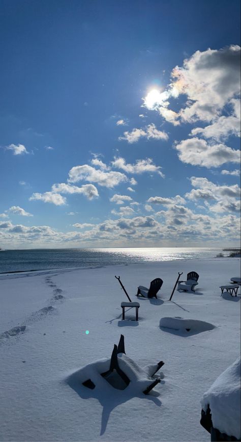 Snow-covered beach Beach House In Winter, The Beach In Winter, Snow On The Beach Aesthetic Wallpaper, Snow Beach, Snow On The Beach Wallpaper, Snow Beach Aesthetic, Snow On The Beach, Snow At The Beach, Snow On The Beach Aesthetic