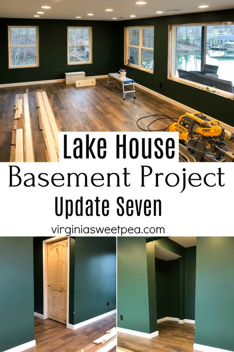 Lake House Basement Project Update Seven - Doors, moulding, and baseboards are installed. #finishingabasement #basementproject #smithmountainlake #installingdoors #installingmoulding #installingbaseboard #virginiasweetpea Lake House Basement, Home Theater Basement, Bar Design Home, Cozy Area, House Basement, Basement Bar Designs, Project House, Basement Floor Plans, Basement Plans