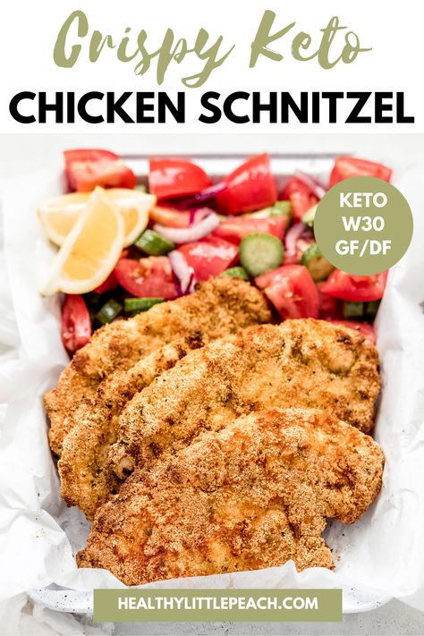 My Crispy Keto Chicken Schnitzel is a super easy recipe that can be whipped up on the stove or air fryer. Super crispy and each chicken breast is only 5 NET carbs! Whole30, Keto, Paleo and Gluten Free. #chickenschnitzel #ketochickenrecipes #cleanketo #whole30 #paleo #glutenfree #healthycomfortfood #healthyrecipes #chickenrecipes Schnitzel Recipes, Whole30 Keto, Chicken Schnitzel, Chicken With Olives, Cooking With Olive Oil, Keto Paleo, Best Keto Diet, Peach Recipe, Super Easy Recipes