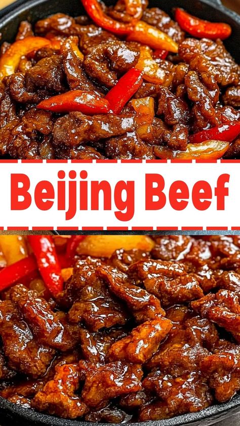 Beijing Beef Beef And Bell Peppers Recipe, Beijing Beef Recipe, Bejing Beef Recipes, Beef Strips Recipes Easy, Beef Strip Recipes, Beef Strips Recipes, Beef And Pepper Stir Fry, Cheesy Potato Soup Easy, Chinese Beef Recipes