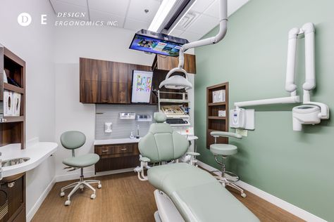 dental treatment room with Ergonomic Products pulldown cabinetry. Work Office Design, Dental Office Design Interiors, Office Waiting Rooms, Medical Office Design, Dental Office Decor, Interior Design Portfolios, Dental Design, Office Renovation, Dental Office Design