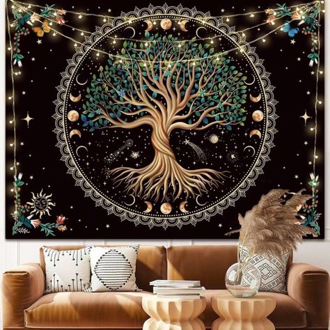 This tapestry brings a decorative beauty to a wall, bed, or sofa. Perfect for wall hangings, dorm decor, or that witchy, spiritual space Spiritual Tapestry, Dark Academia Bedroom Ideas, Aesthetic Wall Hanging, Tapestry Aesthetic, Tree Of Life Tapestry, Tapestry Nature, Flower Tapestry, Moon Tapestry, Boho Mandala