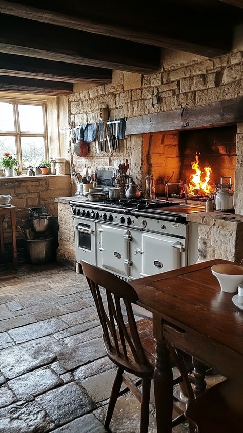 A traditional British cottage kitchen, with exposed stone walls, a large wooden table, and an old-fashioned aga stove. The room is bathed in warm, golden light from a crackling fire, giving it a timeless, cozy atmosphere. hd quality, natural look --ar 9:16 --style raw --v 6.1 Cozy Cooking Aesthetic, Hearth Room Off Kitchen With Fireplace, Stove Nook, Wood Fire Kitchen, Cob Kitchen, Fireplace In Kitchen, Kitchen Fireplaces, Cozy Kitchen Ideas, Kitchen Hearth