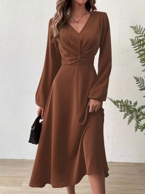 Guest Graduation Outfit, Modest Wedding Guest Outfit, Brown Elegant Dress, Simple Brown Dress, Style Bleu, Vestidos Color Rosa, Lantern Sleeve Dress, Dress For Spring, Autumn Dress