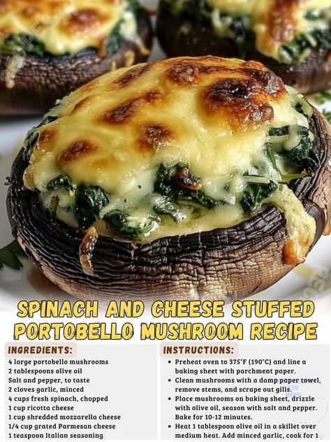 RecipeSan - Spinach and Cheese Stuffed Portobello Mushroom... Stuffed Portobello Mushroom, Stuffed Portobello Mushrooms, Stuffed Portobello, Spinach Cheese, Office Lunch, Stuffed Mushroom Caps, Cheese Stuffed, Portobello Mushroom, Spinach Stuffed Mushrooms