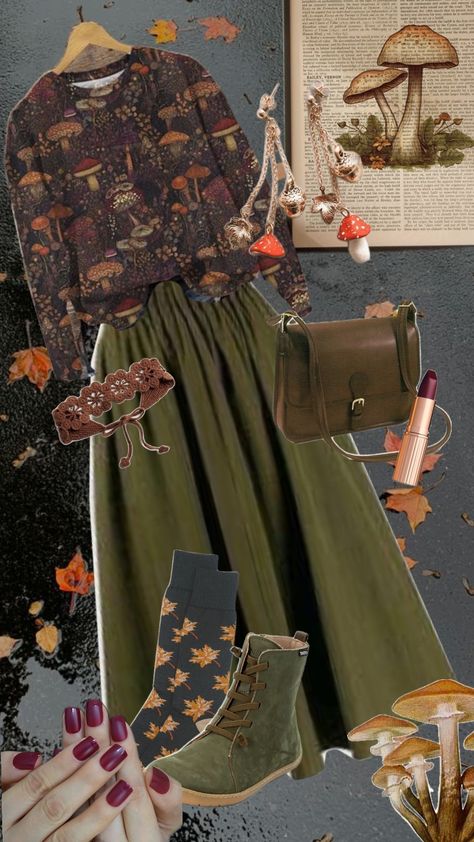 #goblincore #oufit #mushrooms #autumn #autumnaesthetic #leaves #outfitinspo Goblincore Outfit Ideas, Mushroom Inspired Outfits, Goblin Core Fashion, Forestcore Fashion, Forest Goblin, Goblincore Style, Scotland Outfit, Goblincore Outfits, Goblincore Fashion