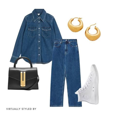 Denim Shirt And Denim Jeans Outfit, Dark Blue Denim Shirt Outfit Woman, Blue Jean Shirt Outfit, Jean Blouse Outfit, Denim Shirt Styling, Classic Denim Blue Denim Shirt, Jean Shirt Outfit, Denim Shirt Outfit Ideas, Casual Denim T-shirt Relaxed Fit