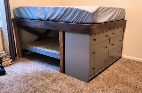 Mid-loft full size bed to fit over an IKEA dresser, with link to free DIY plans Low Loft Beds For Teens, Diy Low Loft Bed, Diy Loft Beds, Low Loft Bed Boys Room, Loft Bed With Crib Underneath Low, Diy Loft Bed For Adults, Diy Loft Bed For Teens, Low Loft Bed Full Size, Loft Bed Plans West Elm