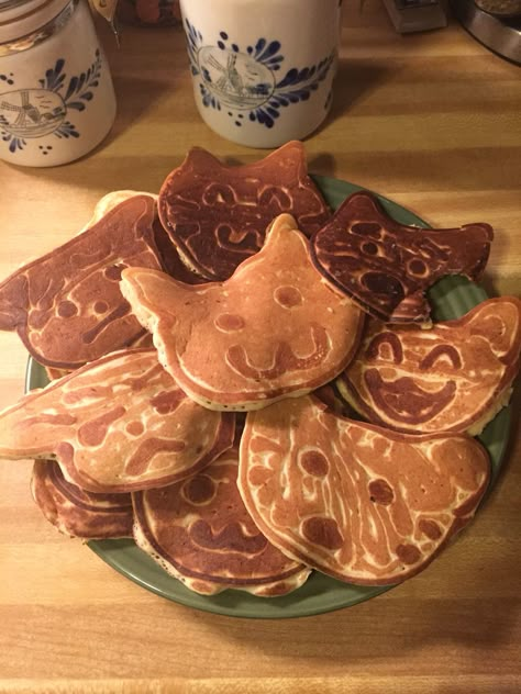 Cat pancakes make the purrrfect breakfast! Instructions: With a squeeze bottle, draw the outline and face of the cat and let cook until edges are dry, then fill in the rest of the pancake. Let cook a little more, flip to cook the other side and reveal a cute kitty cake! Meowth watering! ;) Cat Pancakes, Cute Pancakes, Pancakes Aesthetic, Pancake Cat, Pancake Shapes, Pancake Art, Choco Chips, How To Make Sushi, Cat Cake