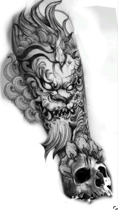 Tato Irezumi, Japanese Foo Dog, Foo Dog Tattoo Design, Japanese Hand Tattoos, Tato Tradisional, Foo Dog Tattoo, Samurai Tattoo Design, Japan Tattoo Design, Traditional Japanese Tattoos