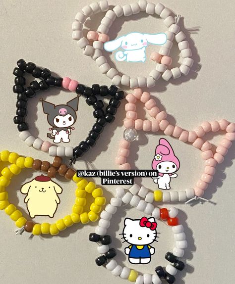 Hello Kitty Pony Bead Bracelet, Bracelet Ideas Sanrio, Cinnamon Roll Bracelet, Cute Bracelet Ideas Pony Bead, Bracelets Pony Beads Ideas, Kuromi Kandi Bracelet, How To Make A Hello Kitty Bracelet, Hello Kitty Kandi Bracelet Tutorial, Hello Kitty Seed Bead Ring