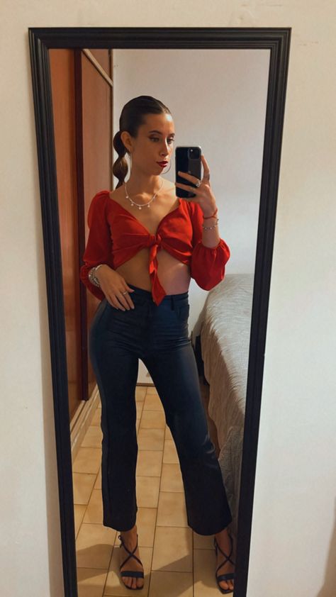 Red top, leather pants, Night outfit Leather Pants Night Outfit, Red Top, Night Outfits, Date Night Outfit, Christmas Outfit, Leather Pants, Pants, Red, Christmas