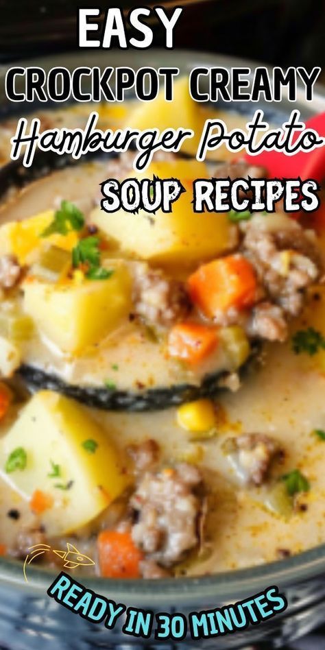 Easy Crockpot Creamy Hamburger Potato Soup—a soul-warming dish that's perfect for chilly nights and lazy weekends. With savory ground beef, tender potatoes, and creamy broth, this soup is a comforting meal that's as easy to make as it is delicious. Let your slow cooker do Crockpot Creamy Potato And Hamburger Soup, Creamy Hamburger Potato Soup, Slow Cooker Hamburger Soup, Hamburger Potato Soup, Hamburger And Potatoes, Hamburger Soup, Soup Recipes Slow Cooker, Potato Soup Recipe, Creamy Potato