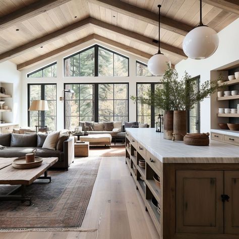 Transitional Architecture, Vaulted Ceiling Ideas, Cabin Build, Modern Cottage Style, Vaulted Ceiling Living Room, Exposed Rafters, Roof Ceiling, Studio Workshop, Cottage Style Homes