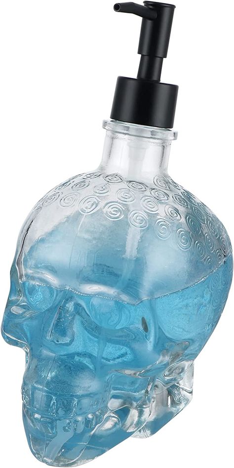 The perfect gothic touch with details within the glass. Add a darkly inclined piece to your kitchen or bathroom with this skull soap dispenser. #goth #gothic #emo #dark #grunge #alternative #skull #soapdispenser #soap #dispenser #skeleton #kitchen #kitchenaccessories #bathroom #bathroomaccessories #kitchendecor #decor #bathroomdecor #amazon #amazonfinds #spooky #darkacademia #halloween !AFFILIATE LINK INCLUDED! Kitchen Halloween, Gothic Bathroom, Spooky Kitchen, Glass Soap Dispenser, Glass Dispenser, Goth Home Decor, Vintage Halloween Decorations, Lotion Bottle, Bathroom Soap Dispenser