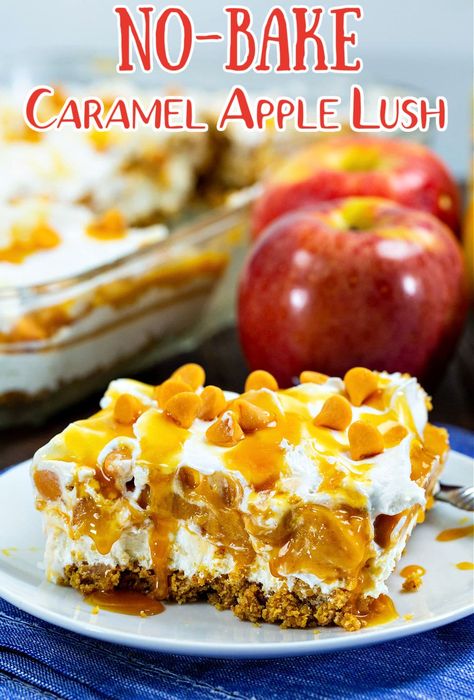 No-Bake Caramel Apple Lush recipe. Caramel Apple Lush, Caramel Apple Delight, 9x13 Desserts, Filling Desserts, Baked Caramel Apples, Cheesecake Bars Easy, Lush Recipes, Dessert Pie Recipes, Baked Caramel