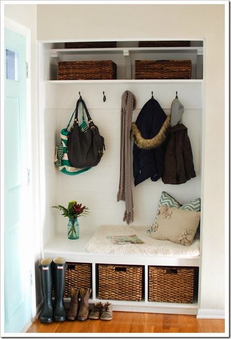 Turning a foyer closet into a mudroom | This one looks more like my coat closet. Closet Turned Mudroom, Coat Closet Makeover, Foyer Closet, Closet Nook, Front Hall Closet, Armoire Entree, Front Closet, Closet Redo, Mudroom Closet