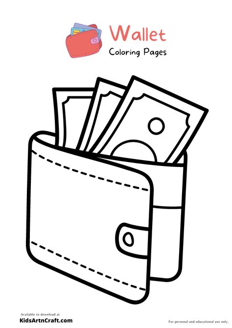 Wallet Coloring Pages For Kids – Free Printable Check more at https://www.kidsartncraft.com/wallet-coloring-pages/ Lamb Template, Dora Coloring, Wallet Template, Paper Wallet, Printable Checks, Colouring Page, Cute Wallets, Cat Coloring Page, Easy Coloring Pages