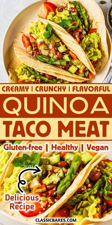 The Vegan Quinoa Taco Meat recipe offers a nutritious and delicious alternative to traditional taco fillings. Quinoa is cooked in vegetable broth, seasoned, and roasted. The meat is filled into lightly grilled tortillas, topped with toppings. Grilled Tortillas, Quinoa Taco Meat, Taco Meat Recipe, Vegan Tacos Meat, Quinoa Tacos, Vegan Taco, Taco Meat Recipes, Healthy Quinoa, Asparagus Beans