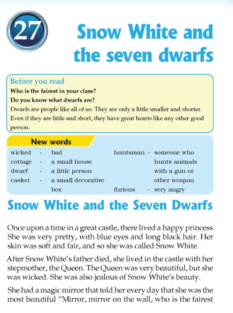 literature Grade 3 Fairy tales Snow White and the seven dwarfs http://literature.wordzila.com/literature-grade-3-fairy-tales-snow-white-seven-dwarfs/ Snow White Short Story, Reading For Grade 1, 5th Grade Grammar, English Reading Comprehension, Unseen Passage, Grade 1 Reading, Reading Comprehension Lessons, English Grammar Book, Traditional Tales