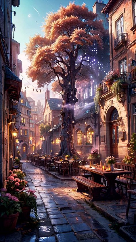 Magical City Art, Fantasy City At Night, Fantasy Magic City, Fantasy City Street, Modern City Aesthetic, Urban Fantasy City, Fantasy City Art, Futuristic Town, Forest Animated