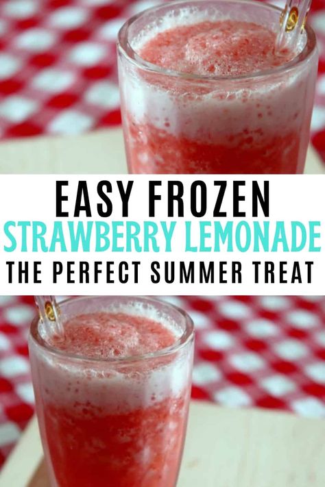 Easy Frozen Strawberry Lemonade Recipe - Retro Housewife Goes Green Frozen Strawberry Lemonade Recipe, Frozen Strawberry Lemonade, Blender Drinks, Strawberry Lemonade Recipe, Mango Pineapple Smoothie, Frozen Strawberry, Lemonade Recipe, Refreshing Summer Drinks, Retro Housewife