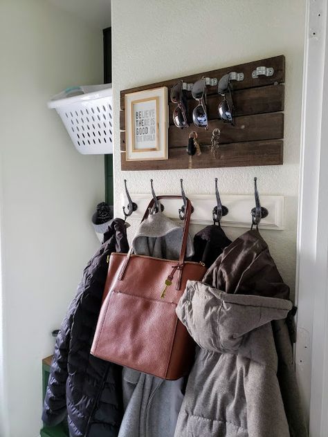 DIY Sunglasses/Key Board | Drop Zone | Sunglasses storage | Key Storage | Small Mudroom | Mudroom | willow creek drive Shallow Cabinets, Small Mudroom, Diy Sunglasses, Paint Stirrers, Key Board, Sunglasses Storage, Drop Zone, Key Storage, Willow Creek