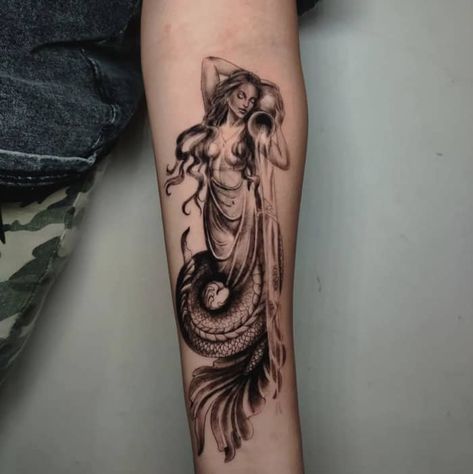 Aquarius Tattoo Design Zodiac Signs, Back Tattoo Women Aquarius, The Water Bearer Tattoo, Goddess Tattoo Design Aquarius, Aquarius Sleeve Tattoo Women, Goddess Of Water Tattoo, Aquarius Siren Tattoo, Aquarius Fairy Tattoo, Female Aquarius Tattoo