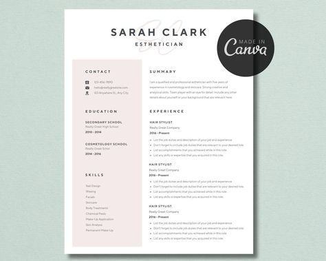 Pink Resume, Esthetician Resume, Sorority Resume, Teacher Resume, Resume Writer, Custom Resume Template, Resume Template Canva, Easy Resume by PixelAndPaperInk on Etsy Esthetics Resume, Esthetician Resume With No Experience, Fresh Graduate Resume, Esthetician Resume, Resume Teacher, Work Resume, College Resume Template, Canva Resume, Registered Nurse Resume Template