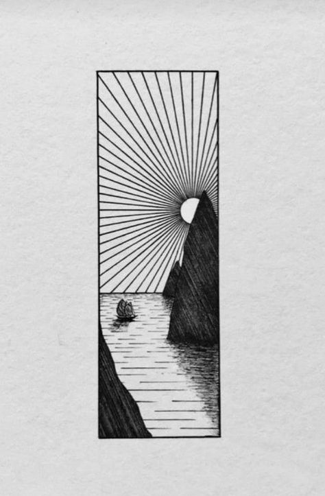 Sunrise Ink Drawing, Japanese Frame Tattoo, Rapid Art Drawing, Rapid Art, Rectangle Tattoo, Tattoo Design Minimalist, Landscape Line Art, Blackwork Tattoo Design, Invictus Poem