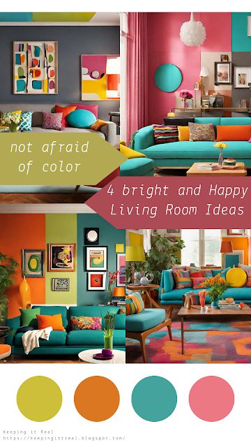 Colourful Boho Decor, Tetradic Color Scheme Interiors, Family Room Paint Color Ideas, Warm Interior Design Cozy Living Rooms, Happy Living Room, Living Room Color Scheme Ideas, Colorful Living Room Bright, Happy Living Rooms, Colorful Boho Decor