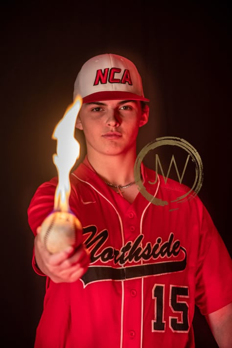 Fire Baseball Pics, Baseball On Fire Photoshoot, Baseball Pictures With Fire, Fire Sports Pictures, Cool Baseball Pictures, Baseball Fire Pictures, Baseball Portraits Sport Photography, Boys Senior Picture Ideas Baseball, Baseball Senior Pics