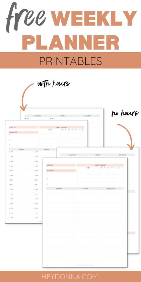 planner printables - weekly planner page with hours and without hours Good Notes Daily Planner, Free Weekly Planner Templates, Free Weekly Planner, Simple Weekly Planner, Daily Planner Inserts, Daily Planner Printables Free, Weekly Planner Free Printable, Weekly Hourly Planner, Weekly Planner Free