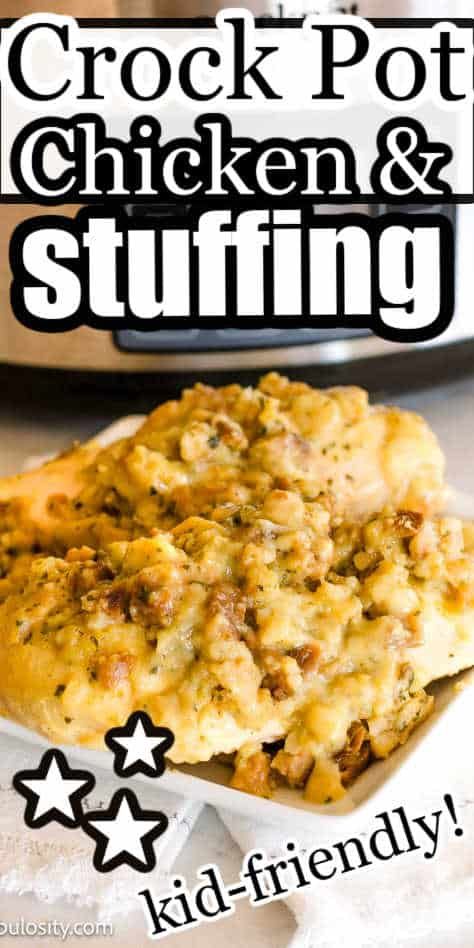 This chicken and Stove-Top Stuffing is made in the slow cooker and is such an easy family meal! The kids loved it! Stove Top Chicken Slow Cooker, Slow Cooker Stove Top Chicken, Slow Cooker Chicken And Dressing Recipe, Chicken Stove Top Crock Pot, Crockpot Chicken And Stuffing Recipes Easy, Chicken Snd Stove Top Stuffing, Chicken Dressing Crock Pot, Crockpot Chicken And Stove Top Stuffing, Chicken And Stuffing Crockpot Easy