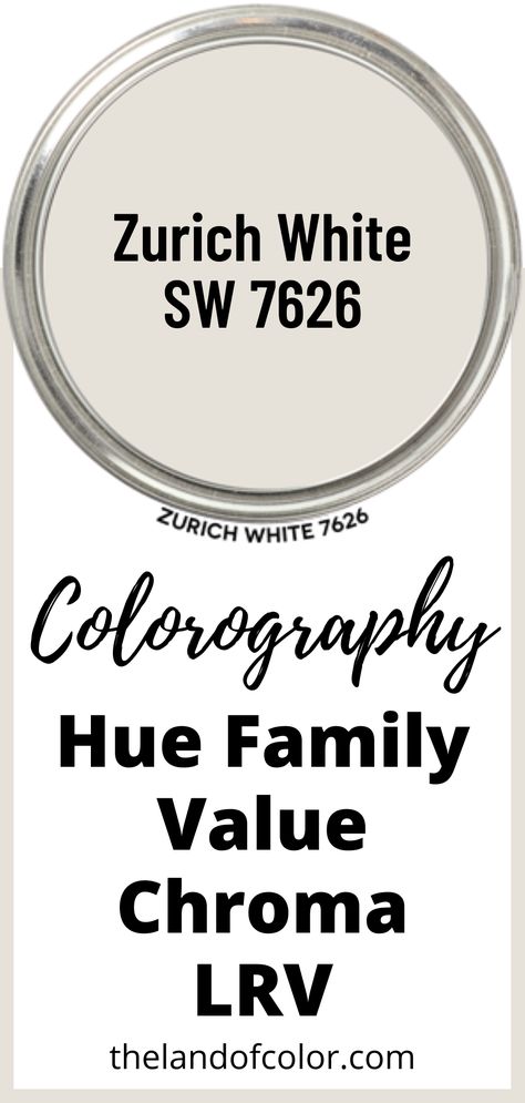 Zurich White 7626 - Does the undertone jargon make your eye glaze over? Get hue family, value, chroma and LRV. Info from a Color Strategist! #SherwinWilliams #paintcolor #paintcolordna #colorography #zurichwhite White Heron Sherwin Williams Walls, Sherwin Williams White Heron Walls, Sw White Heron Walls, Sw White Heron, White Heron Paint, White Heron Sherwin Williams, Sherwin Williams White Heron, Greystone House, White Interior Paint