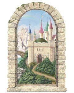 Castle Wall Mural, White Double Bed, Castle Mural, Window Wall Mural, Castle Window, Base Molding, Window Mural, Fairy Room, Scene Painting