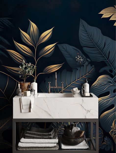 Dark Botanical Non-gold Tropical Wallpaper Wall Decor Home Renovation Wall Art Peel and Stick or Non Self-adhesive Vinyl Wallpaper - Etsy Half Bath Decor Ideas Wallpaper, Cool Wallpaper For Bathroom, Black And Gold Wallpaper For Bathroom, Powder Room Masculine, Large Print Wallpaper Bathroom, Wallpaper Peel And Stick Bathroom, Wallpaper In Bathroom Small Spaces, Statement Bathroom Wallpaper, Wallpaper Ideas For Small Bathroom