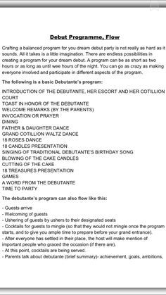 debut programme pt. 1 Debut To Do List, Debut Program Ideas, Debut Program Flow Script, Program For Debut Party, Debut Program Flow Filipino, Debut Program Flow Ideas, Debut Theme Ideas 18th Simple, Debut Program Flow, Debut Invitation 18th