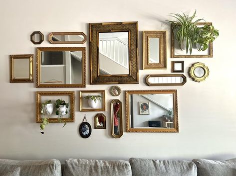 Gallery Mirror Wall, Gallery Wall Of Mirrors, Mirror Wall Collage, Mirror Gallery, Thrifted Decor, Mirror Gallery Wall, Safe Zone, Wall Inspiration, Living Room Redo