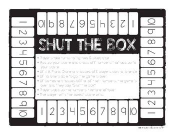 This is a paper version of the game, Shut the Box.  It comes in 9 digit, 10 digit and 12 digit options.  This game is great for centers and guided groups.  It builds number sense by fostering addition, decomposing/composing numbers and building equivalent equations.  I recommend placing game boards in sheet protectors and playing with dry erase markers.This game includes a double-sided recording sheet for students to demonstrate their learning.THE RULES:Players take turns rolling two 6-sided dic Composing Numbers, Printable Board Game, Winter Math Worksheets, Family Math Night, Box Printable, Math Enrichment, Math Fluency, Printable Board Games, Math Madness