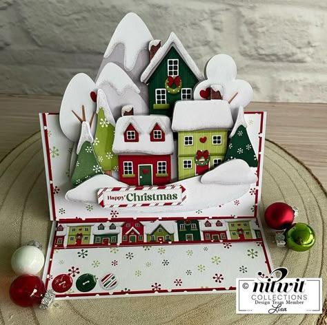 A handmade Christmas card with a snow covered Christmas village scene Christmas Village Card, Snowy Christmas Village, New Year Cards Handmade, Christmas Village Scene, Nitwit Collections, Chrismas Cards, Easy Christmas Craft, The Knick, Simple Christmas Cards