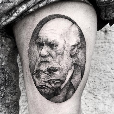 First Tattoo Charles Darwin by mairy_bubble Dots and Daggers Vienna #tattoos #tattoo #beauty Charles Darwin Tattoo, Darwin Tattoo, Prison Tattoos, Sketch Tattoo Design, R Tattoo, B Tattoo, Hand Tattoos For Guys, Dot Work Tattoo, Charles Darwin