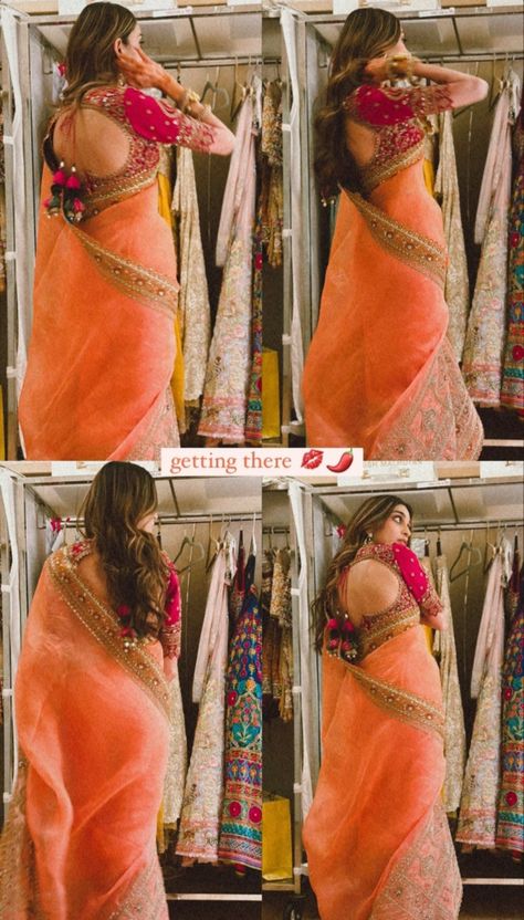 South Indian Bride Saree, Mehendi Outfit, Simple Lehenga, Indian Sari Dress, Movie Inspired Outfits, Orange Saree, Indian Saree Blouses Designs, Traditional Indian Outfits, Indian Dresses Traditional