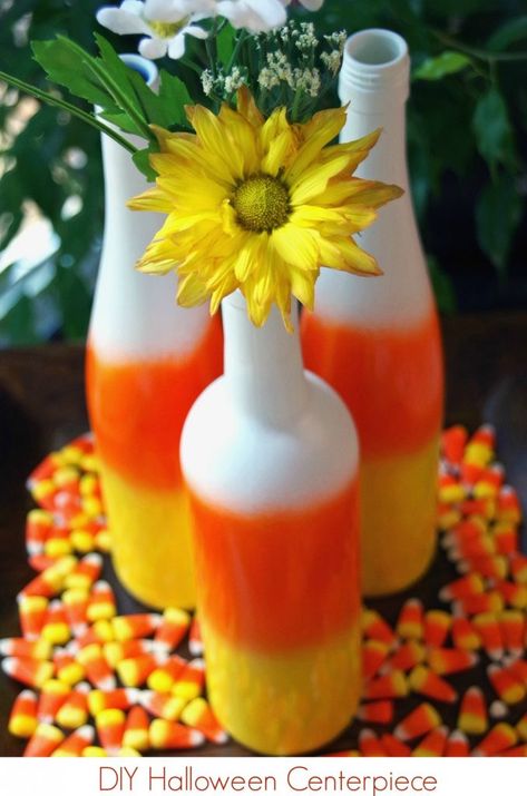 Need DIY Halloween Centerpieces? Make Upcycled Wine Bottle Candy Corn! Candy Corn Wine Bottles Diy, Diy Halloween Centerpieces, Halloween Wine Bottle Crafts, Corn Crafts, Halloween Centerpieces, Corn Painting, Candy Corn Crafts, Halloween Wine Bottles, Easy Homemade Gifts