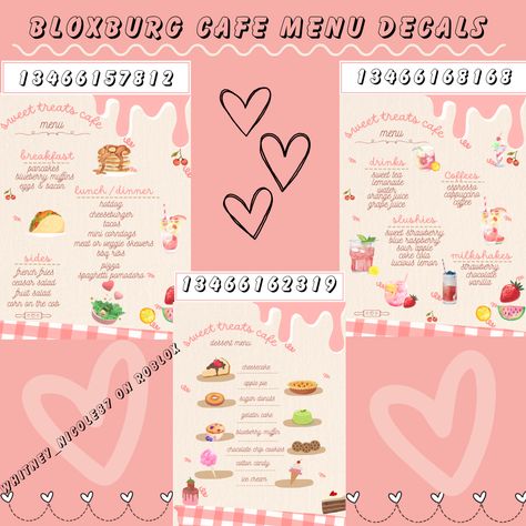 Cute pink aesthetic, Bloxburg café menu decal codes Bloxburg Bakery, Cafe Decal, Town Decals, Decal Codes Bloxburg, Bloxburg Cafe, Bloxburg Town Ideas, Cafe Hello Kitty, Pink Restaurant, Decals For Bloxburg