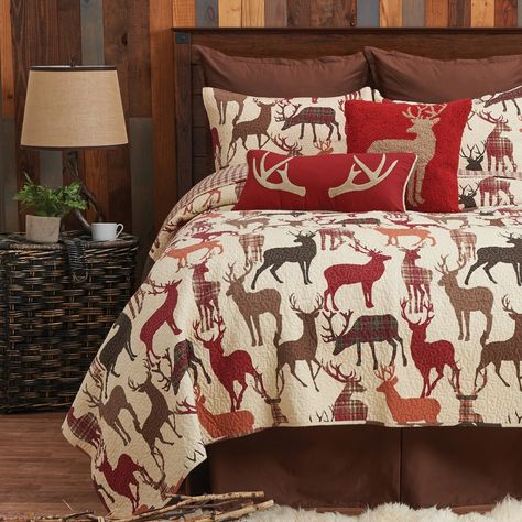 Enterprises Colton Quilt Parent (Brown - King - 3 Piece) Deer Bedding, Cotton Quilt Set, Beige Plaid, Rustic Colors, Deer Print, Rustic Lodge, Cabin In The Woods, Brown And Green, Bedding Stores