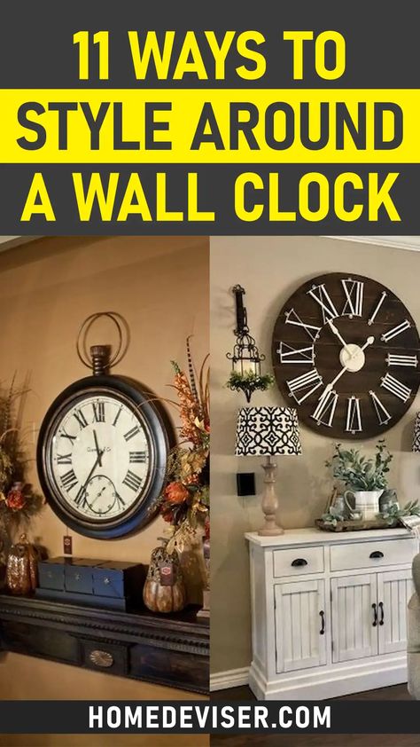 How To Decorate Around a Wall Clock? - Home Deviser Wall With Big Clock Home Decor, Decor With Clocks On Wall, Where To Hang Large Wall Clock, Wall Clock With Photo Frames, Decorating Around A Clock On The Wall, Wall Clock Gallery Wall, Vintage Clocks Aesthetic, Decorating Around Large Clock Wall Ideas, Decorating With Clocks